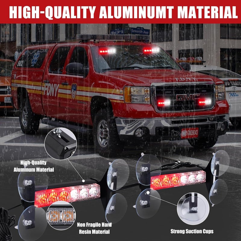 Tiannor 2X 6.1 inch Emergency Strobe Lights Red White 12 LED Hazard Warning Flashing Safety Front/Rear Windshield Deck Split Lights Grille for Volunteer Firefighter Vehicles POV Trucks - Image 2